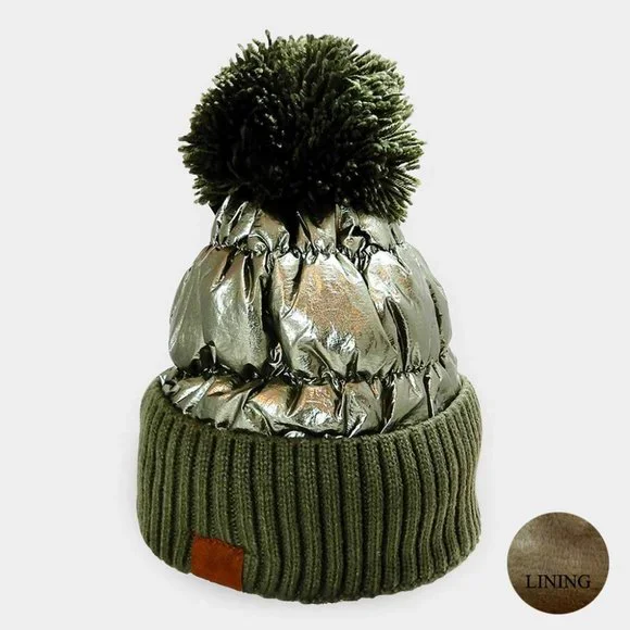 Metallic Foil FRINGE Pom Pom Puffer Knit Beanie (w/Fleece Lining), Winter Cap - Picture 3 of 5
